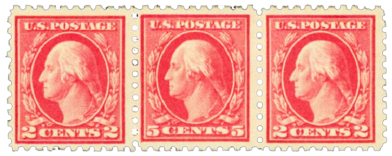 1916, 5cents US postage stamps, strip of three, the error stamp at center.